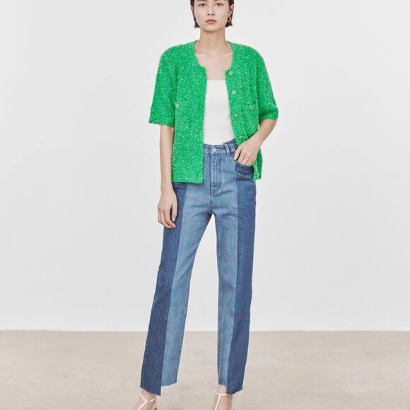 CHICJOC Luxe Italian Butterfly Yarn Green Cardigan size 38 - Picture 12 of 13